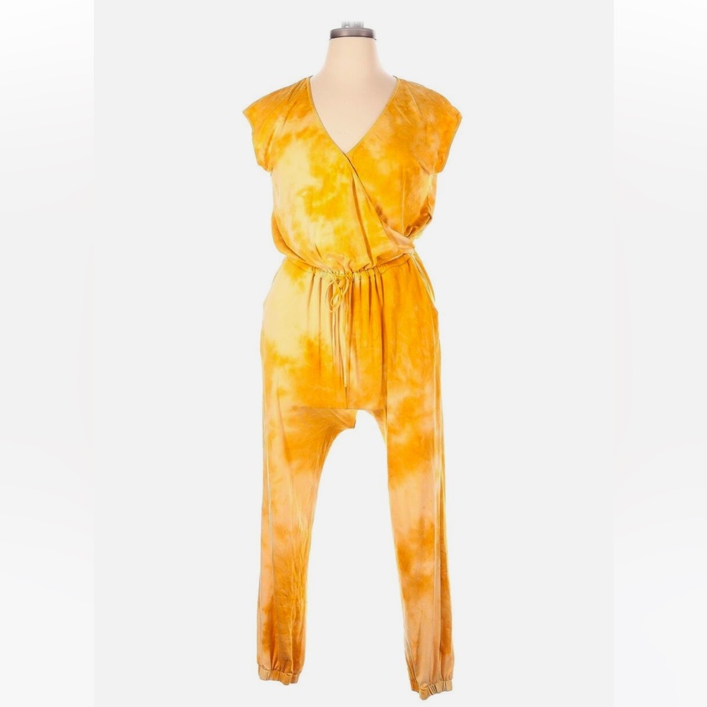 Socialite Orange and Olive Green Tie-Dye Surplice Lounge Jumpsuit
